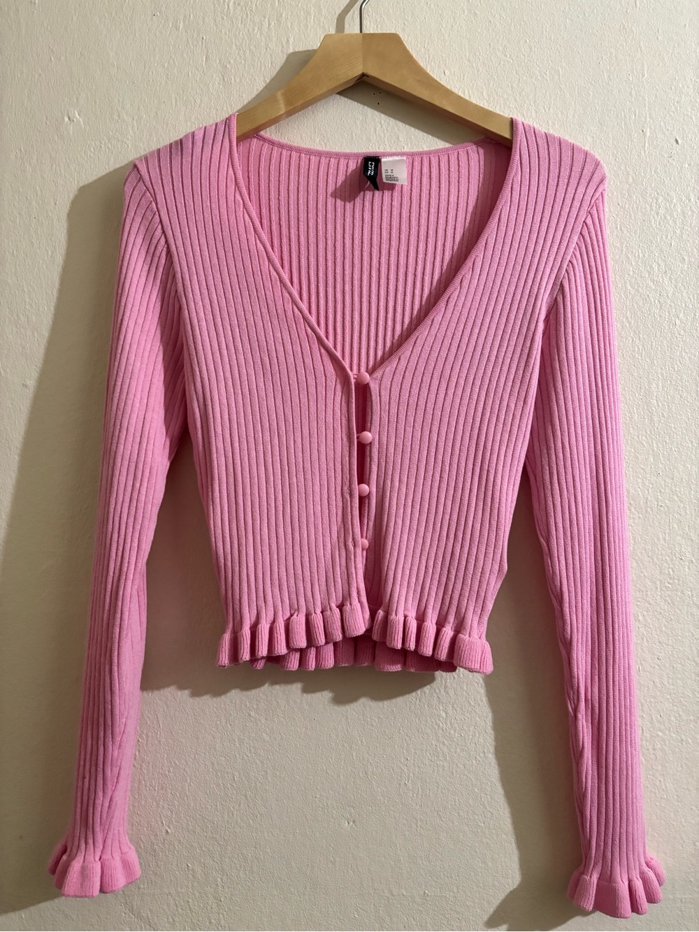 H&M Pink Ribbed Ruffle-Hem Button Cardigan
